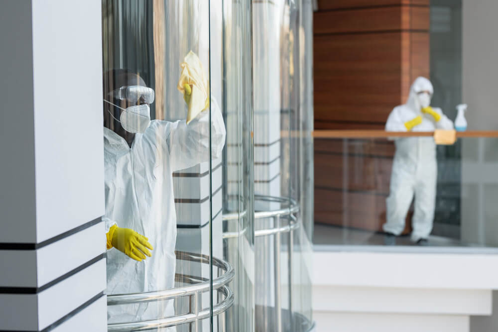 Cleaning team cleaning commercial centre